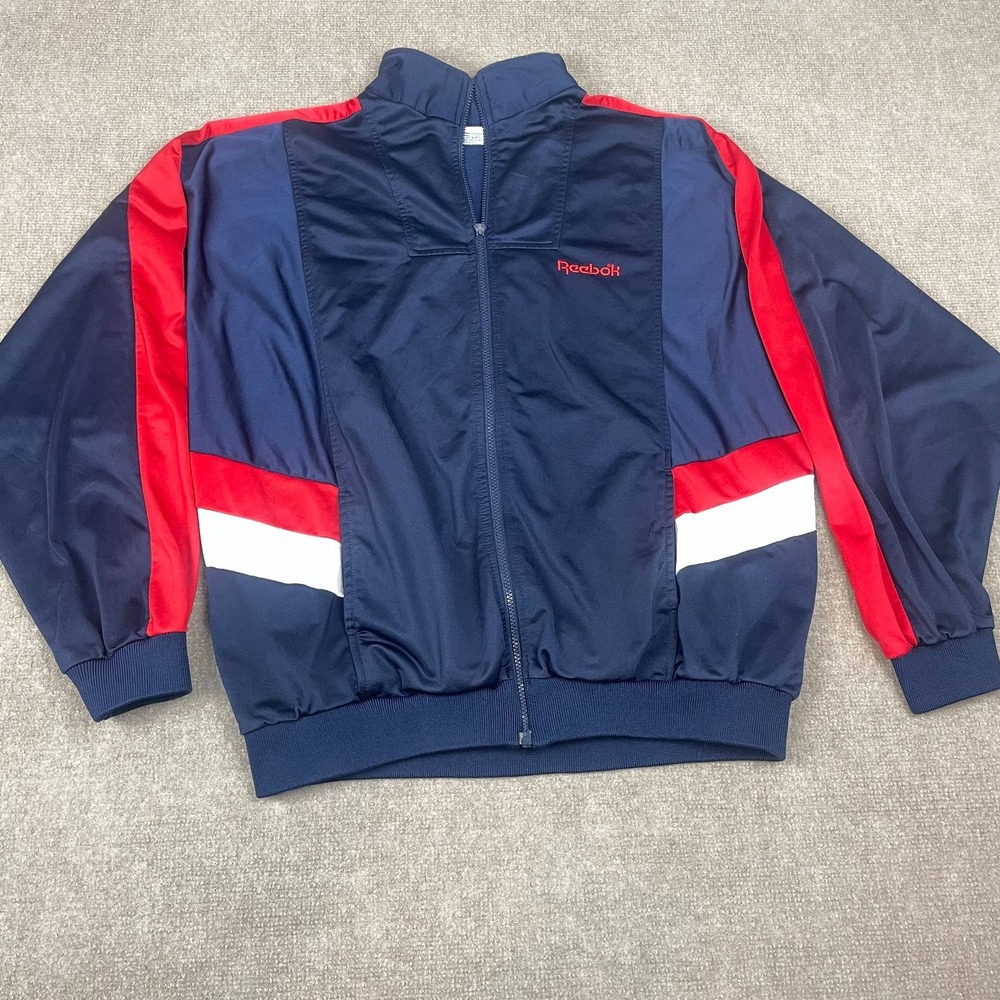 Vintage Reebok Sport Track Jacket Mens XL Blue Red Chest Logo Pockets Full Zip